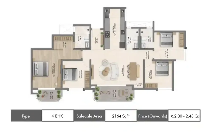 Bricks and Milestones Solcrest 4 BHK floor plan, 2164 sq ft carpet area