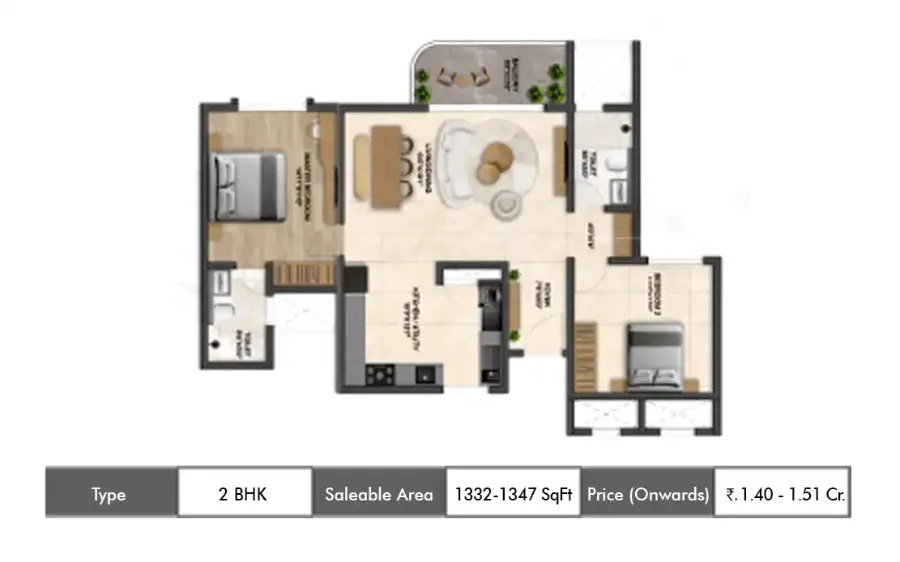 Bricks and Milestones Solcrest 2 BHK floor plan, 1332 sq ft carpet area
