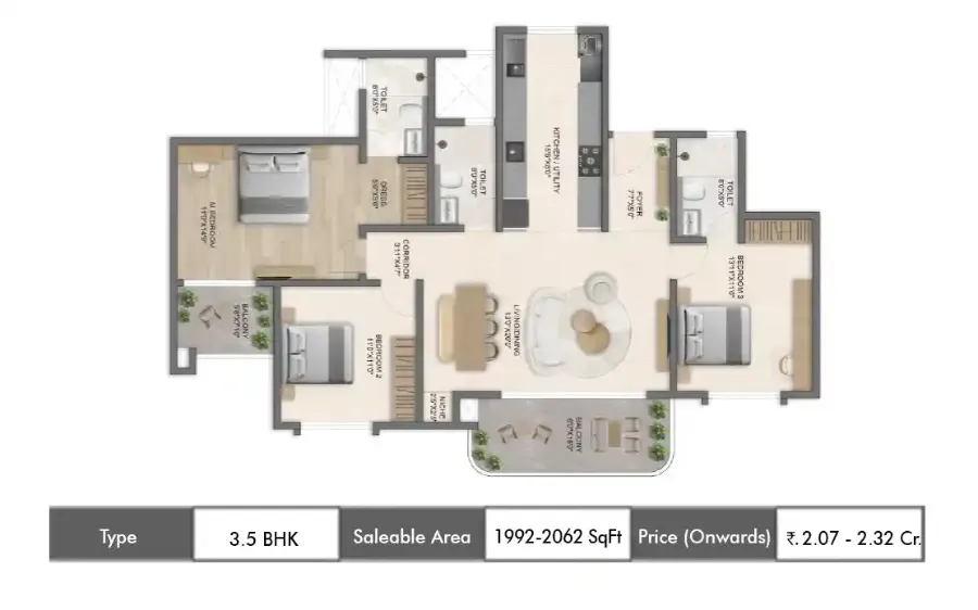 Bricks and Milestones Solcrest 3 BHK + Study floor plan, 1992 sq ft carpet area