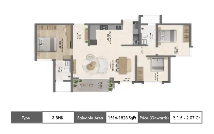 Bricks and Milestones Solcrest 3 BHK floor plan, 1516 sq ft carpet area